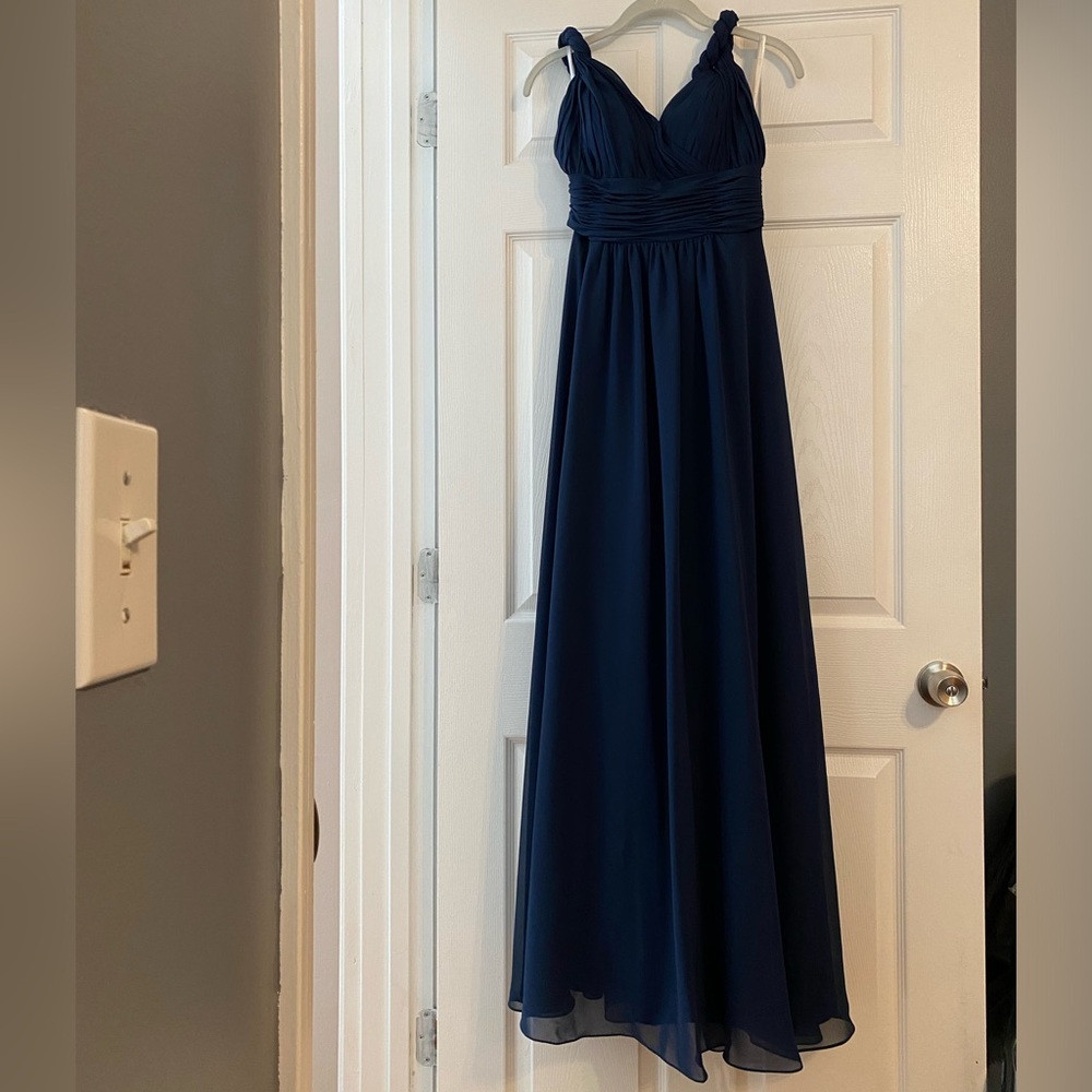 Christina Wu navy chiffon bridesmaid dress